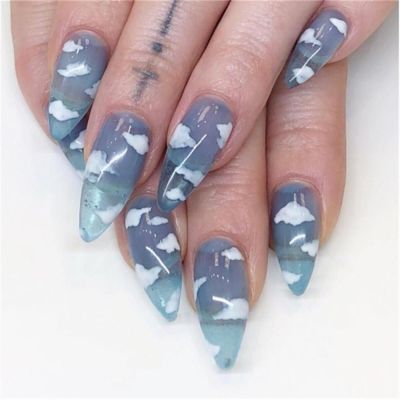 24Pcs French Stiletto Shape Fake Nails Sky Blue Beach Cloud Nails Ladies Press On Designed False Nails Tips Overhead With Glue