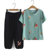 【มีไซส์ใหญ่】Plus Size XL-7XL Womens Floral Embroidery Top + Elastic Waist 8/10 Pants Summer Sets Oversized Vintage Casual Suits