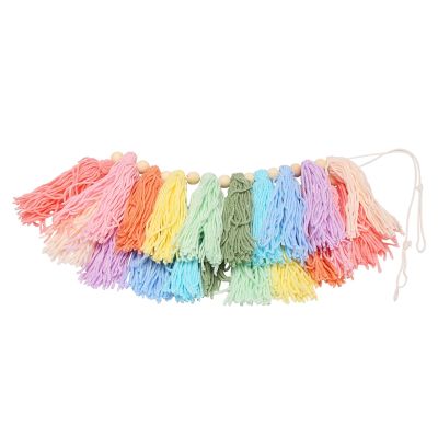 37Inch Pastel Rainbow Tassel Garland with Wood Bead Colorful Tapestry for Bedroom Wall Classroom Nursery Party Decor