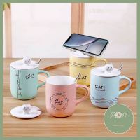 แก้วกาแฟ น้องแมววางมือถือ CAT Phone Holder แก้วเซรามิกทนความร้อน แก้วน้ำ แก้วกาแฟ มีช้อนและฝาปิด มาแรง ร้าน PP702