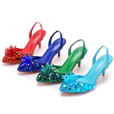 7 cm golden light pointed mouth sandals diamond glass flower wedding shoe heel sandals big yards of the bride wedding shoes