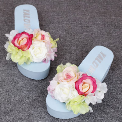 New Female Summer Beach Shoes Handmade Flower Women Slippers Female Flip Flops EVA Wedges Platform Sandals