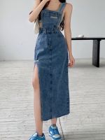【CW】 Korea Fashion Suspender Skirt Women  39;s Denim Skirts Stundress Braces Slit Streetwear