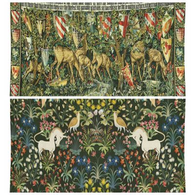 【cw】Medieval Deer And Shields Arthurian Legend Scene Unicorn Ornate Mille-fleurs Pattern Tapestry By Ho Me Lili For Livingroom Decor