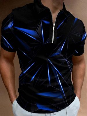 เสื้อโปโลสำหรับผู้ชายชุดทางการสำหรับผู้ชายชุด3D พิมพ์ลายเสื้อโปโลเรขาคณิตสามมิติเสื้อผ้าลำลองสไตล์สตรีทคอปกมีซิปฤดูร้อนแขนสั้นใหม่