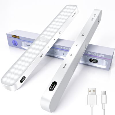 WILLED 2 Pack Motion Sensor Cabinet Light Battery Display 60 LED Touch Light Bar Wireless Rechargeable Battery Night Light