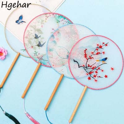 【cw】 Translucent Embroidered Silk Hand Fans Chinese Round with Tassel Handle