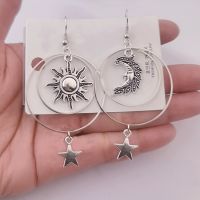 The Sun Moon Star Earrings Tibetan Silver Drop Earrings Sun Moon Star Hoop EarringsBoho Pagan Gift Celestial Earrings