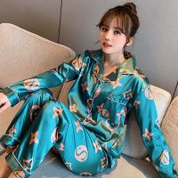 ✙◆● Womens pajamas spring and autumn long-sleeved thin section ice silk summer student ins style simulation silk home service winter two-piece suit