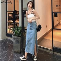 Skirts Women A-line Solid Slim Side Slit Long High Waist Denim Skirt Wrap Hip Streetwear Fashion Summer Design Style Hot Sale