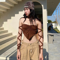 Ruched Y2k เซ็กซี่ Hanky Hem Tube Tops Cyber Gothic Skinny Bandage ผู้หญิง Crop Top Acubi เกาหลีแฟชั่น Streetwear ชุด