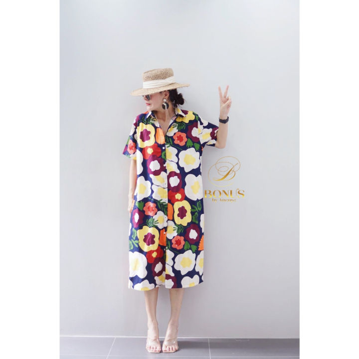 ชุดเดรสคอปกเชิ้ตผ้าคอตตอนญี่ปุ่น-100-พิมพ์ลาย-ดีไซด์ทรงสวยผ่าข้าง-ผ้าเนื้อนิ่มใส่สบายมากเลยค่ะ-สวยหรู-ดูดี