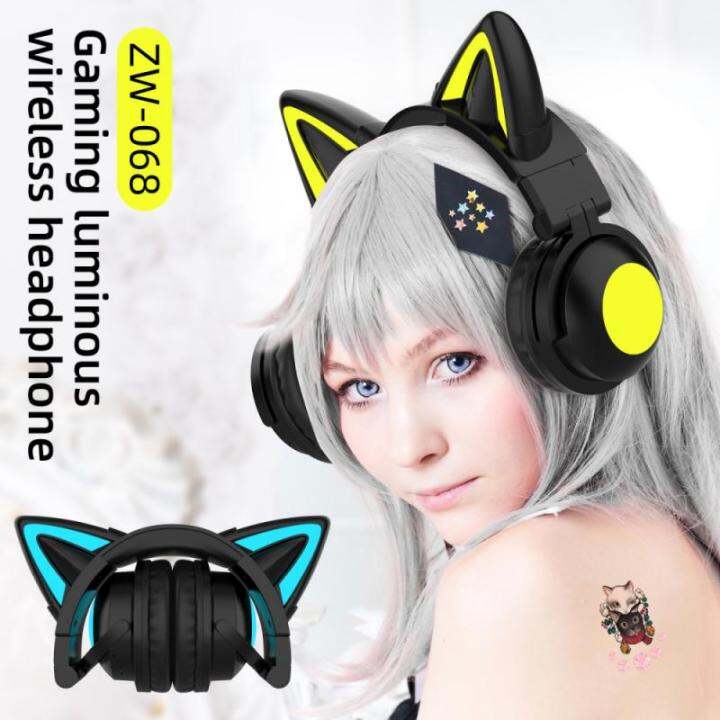 ZW-068 Gaming Headset Flash Cat Ears Wireless Headphones Wth Mic Cute ...