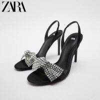 2022 Summer New ZARAˉ Womens Shoes Black Bright Rhinestone Bowknot High Heel Shoes Slim Heel Half Sandals Women