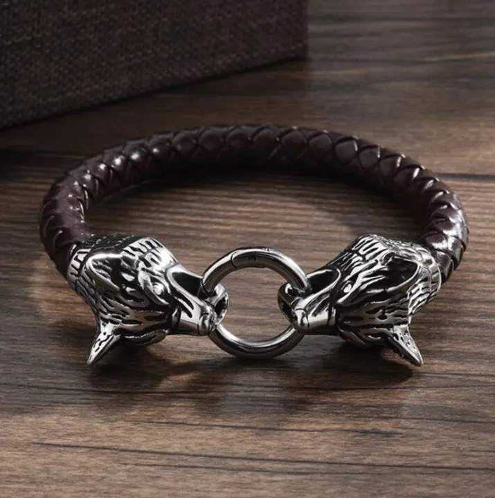 Alloy Viking Wolf Head Leather Bracelet Retro Hand Woven Fashion Men's ...