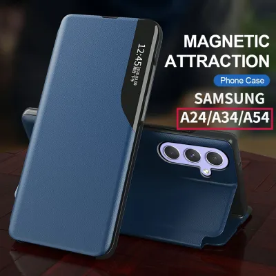 สมาร์ทวิวธุรกิจแฟชั่นเคสแบบฝาพับสำหรับ Samsung Galaxy A54 A24 A14 4G 5G LTE ดูดซับเคสครอบโทรศัพท์หนังพร้อมขาตั้ง