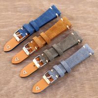 Tali Jam Tangan Kulit Suede Vintage 20Mm 22Mm Tali Jam Tangan Coklat Biru Gelang Pengganti Buatan Tangan Tali Jam Jahit