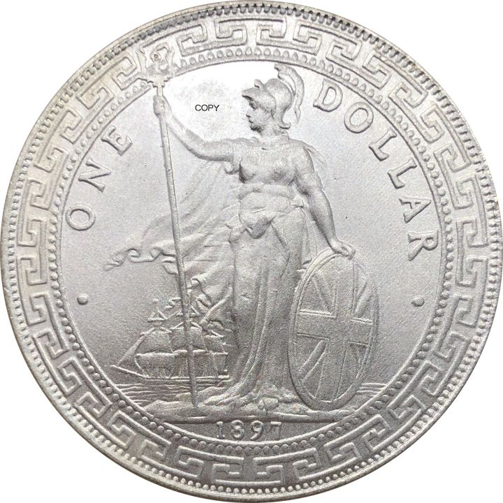 เพรียวบางราชอาณาจักร1ดอลลาร์อังกฤษค้า1897หนึ่งดอลลาร์คิวโปรนิกเกิลชุบเงินฮ่องกงหยวนสำเนาเหรียญ