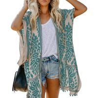 jkk Womens Boho Printed Kimono Beach Cover Up Fashionable Front Loose Cardigan Top With Tassel Thin