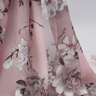 5M Lot Pink Fashion Plum Pattern Printed Floral Chiffon Tulle Fabric,Soft Women Chiffon Dress Shirt Fabric, by the Meter
