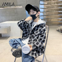 AMILA ชายเสื้อลายสก๊อตเด็กใหม่แขนยาวหลวมเสื้อเด็กกลางและใหญ่ Hooded Jackets9542