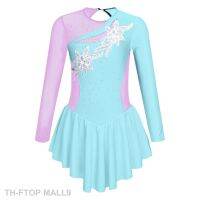 2023FTOP MALL9 เด็กหญิงบัลเล่ต์เต้นรำ Tutu ชุดสเก็ตเครื่องแต่งกายยิมนาสติก Leotard แขนยาว Rhinestone เงา Dancewear