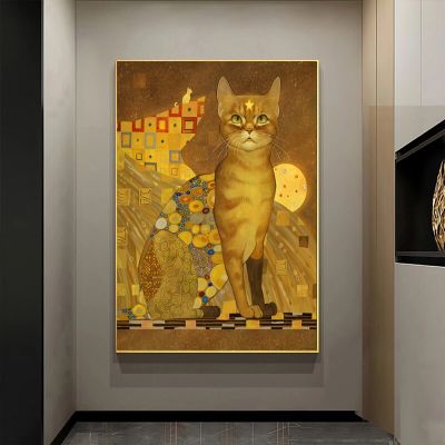 บทคัดย่อ Retro Animal Gustav Klimt Cat Canvas Paintings - Pet Yellow โปสเตอร์และภาพพิมพ์ภาพผนังศิลปะสำหรับห้องนั่งเล่น Cuadros