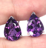 ต่างหูพลอยแท้ อเมทิสต์ (Amethyst) 12 x 16 mm. หยดน้ำ เงินแท้ 925 ชุบทองคำขาว