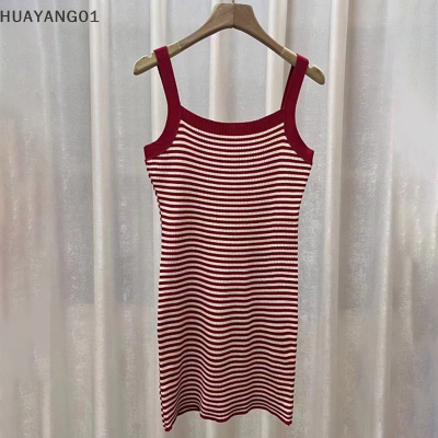 HUAYANG01 [2023 new HOT FASHION] lazlook Womens Sweet Square COLLAR striped Slimming Dress Contrast Color แฟชั่นลำลองอเนกประสงค์เกาหลีรุ่น Mini Dress Summer knit Beach Dress ผู้หญิง spaghetti STRAP backless Slim, แฟชั่นสั้นเซ็กซี่ชุด