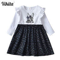 VIKITA Kids Sequined Dresses Children Rabbit Cat Cartoon Dress Toddlers Long Sleeve Autumn Spring Clothes Leopard Print Dress