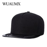 Wuaumx Black Baseball Cap For Men Womens Flat-Brimmed Hat Trucker Hats Visor Snapback Cap Leather Brim Patchwork Hip Hop Hats