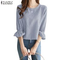 COD dhdfxcz ZANZEA Women Korean Elegant Casual 3/4 Sleeve Round Neck Plaid Print Ruffle Blouse