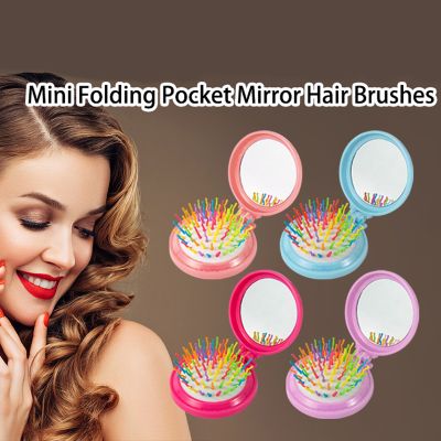 Mini Portable Folding Pocket Mirror Hair Comb Round Hair Brush Women Massage Comb