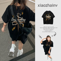 Xiaozhainv เสื้อยืดผู้หญิง เสื้อคู่ลายดาวลายขวางดีไซน์แนวสตรีทย้อนยุคฉบับภาษาเกาหลี