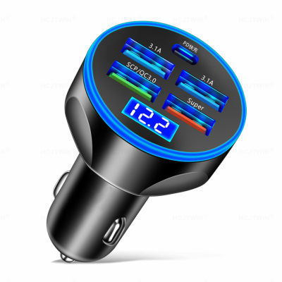 【ซินซู🙌ตัวอะแดปเตอร์ไฟแช็คบุหรี่ชาร์จเร็วสำหรับสมาร์ทโฟนชาร์จแบตรถกับ USB 5พอร์ตสำหรับตรวจวัดแรงดันไฟฟ้าไฟ LED แสดงผล