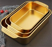 304 Stainless steel flat bottom gold golden fish plate Korean BBQ tray plate rectangular grilled golden dumpling dinner plate