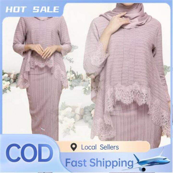 Local Delivery 】 Baju Moden Kebaya Lace Ironless Raya 2023 Pleated ...