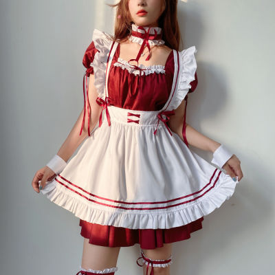 ชุดแม่บ้านสีไวน์แดง cos แม่บ้านน่ารัก lolita ชุดเดรสโลลิต้า cosplay เสื้อผ้า