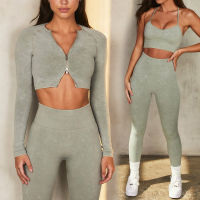 【cw】 Zechuang European and American Stone Washed Imitation Denim Seamless Yoga Suit Womens Double Long-Sleeve Zipper Exercise Workout Outfit 4981 ！