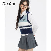 Du Yan เสื้อกั๊กคอวีขนสัตว์ตัดสีตัดกันลายทางสไตล์มหาลัยมิ้งค์เทียมสีฟ้าป้องกันการเกิดขนเสื้อกั๊กระดับเอวสั้นฤดูใบไม้ผลิ