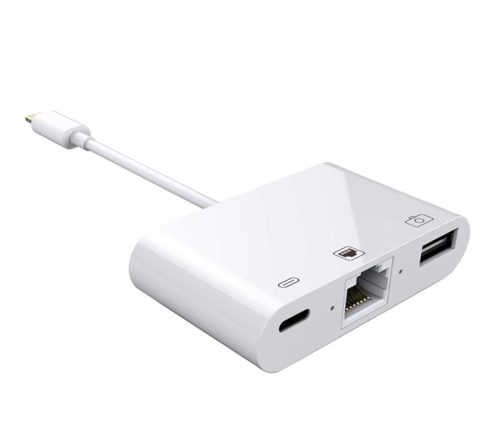 HCM]3-in-1 Lightning to Lightning + USB  + RJ45 Ethernet LAN Port OTG  Adapter for iPhone iPad - Hàng nhập khẩu 