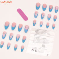 Lancove ขอบสีฟ้ามันวาวพร้อมเครื่องประดับพลอยเทียมเล็บปลอมเล็บปลอมหวาน &amp; Charming ใช้ซ้ำได้สำหรับการช็อปปิ้งการเดท