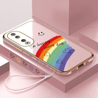 Volans เคสสำหรับ Honor 90 5G 90 Lite 5G ฟรีสายคล้องยิ้มคนรักสายรุ้งรูปหัวใจขอบสี่เหลี่ยมเคสโทรศัพท์ชุบหรูหราเคสโทรศัพท์นิ่ม