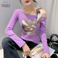 YIMEI เสื้อเชิ้ตด้านล่างพิมพ์ลายเพชรที่สวยงามเสื้อผู้หญิงสีม่วง2023ใหม่เสื้อยืดผ้าฝ้ายเสื้อเปิดไหล่เซ็กซี่ฤดูใบไม้ร่วง