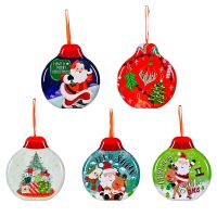 5pcs Christmas Tinplate Candy Ball Box Fillable Christmas Tree Round Pendant with Santa Claus Snowman Xmas Hanging Ornament Storage Boxes