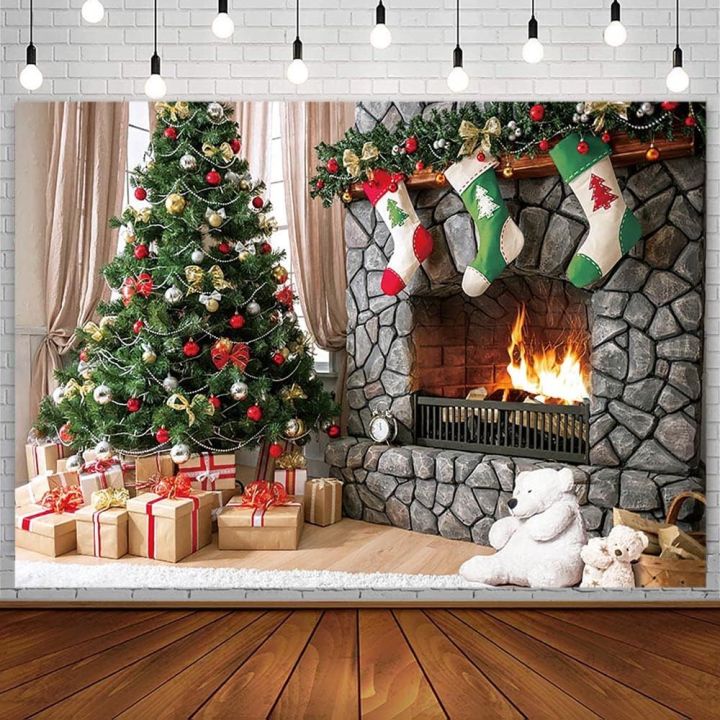 Retro Fireplace Backdrop Christmas Tree Gifts Santa Background Studio Props