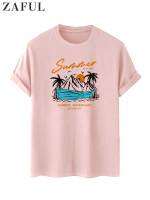 ZAFUL เสื้อยืดผ้าฝ้ายสำหรับผู้ชาย Seaside Coconut Palm Graphic Pinky Tees ฤดูร้อนสไตล์ฮาวาย Unisex Tops สำหรับวันหยุด Z5019425