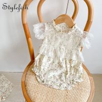 Ins toddler girls new summer small rattan net lace fly sleeve pure cotton baby girl triangle climbing suit jumpsuit hat