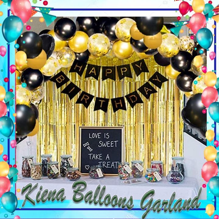 Banner Black, Gold Solid Happy Birthday With Balloons And Curtain Fringe  For Birthday Party Decoration (Set Of 33)