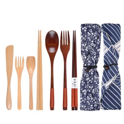 Basedidea Japan Style Wooden Tableware Set Spoon Fork Chopsticks with Storage Case Travel Cutlery Set Flatware Sets